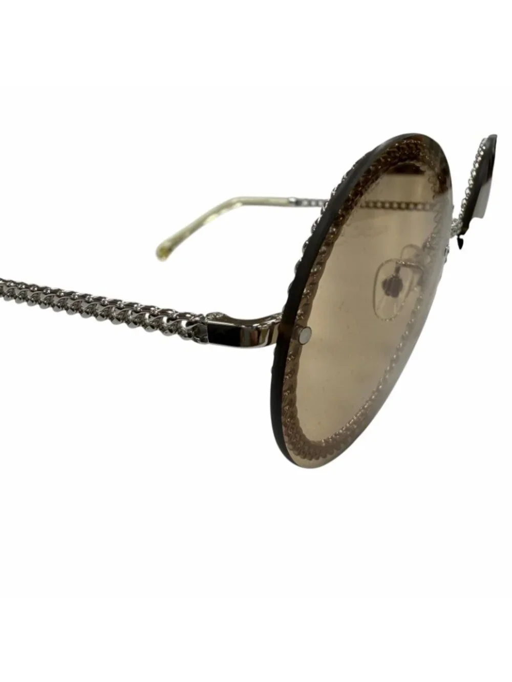 Chanel CC Logo Round Chain Glass Cord Sunglasses Silver Brown Demo Lens Eyewear